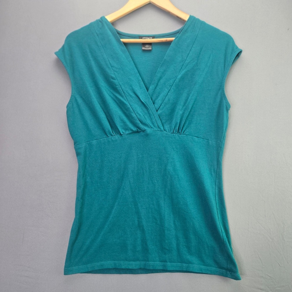 Ann Taylor Top Sleeveless V-Neck Pleated Empire Blouse M Teal Green Knit 3422